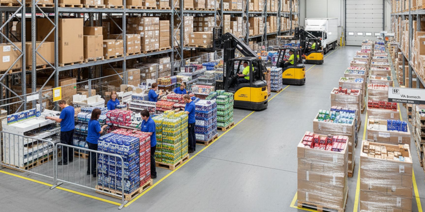 Overview of a large logistics hall with high racks, forklifts and special areas for the storage and packaging of display materials.